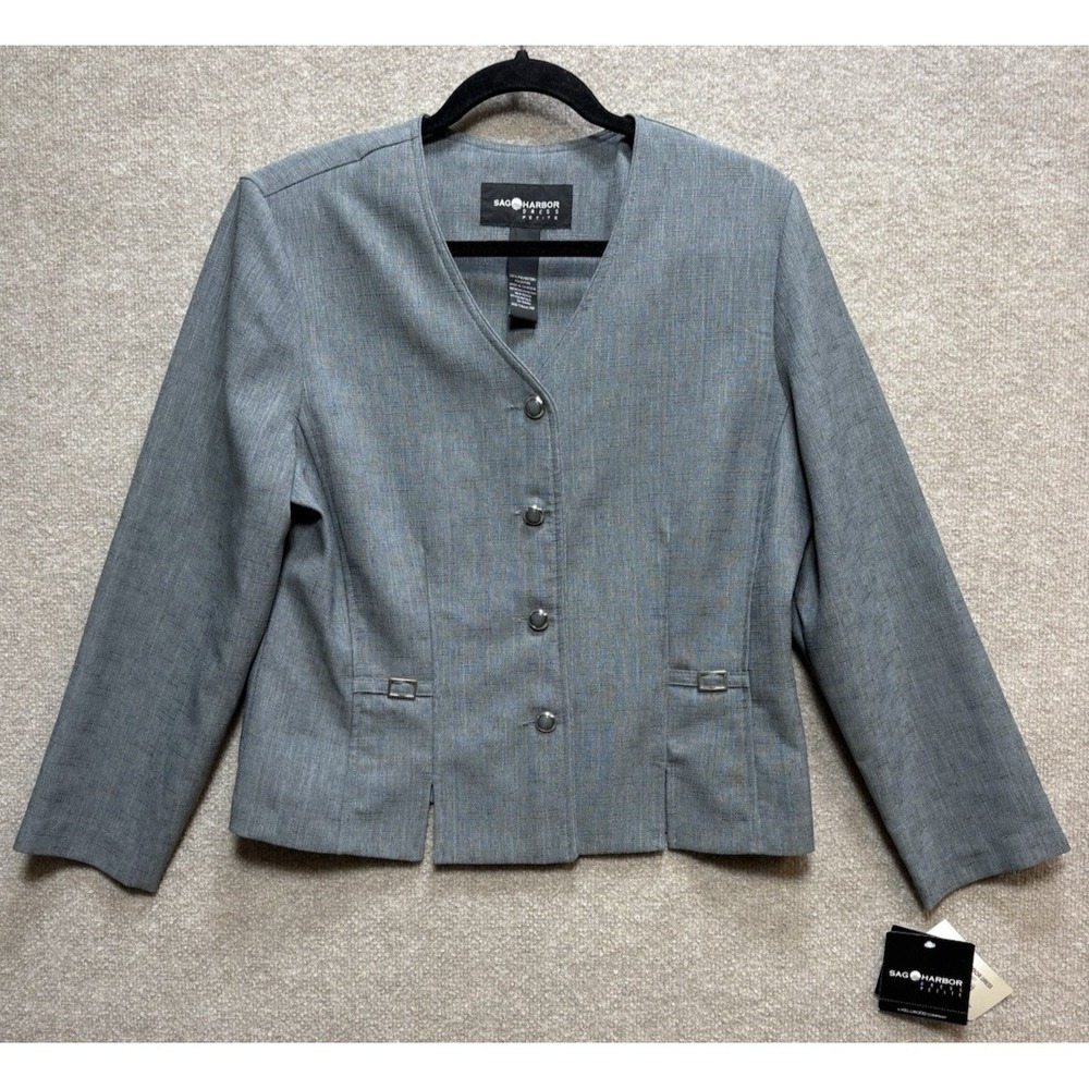 Sag Harbor Women's Gray Blazer Jacket 14 P Petite Long Sleeve Button Career NWT